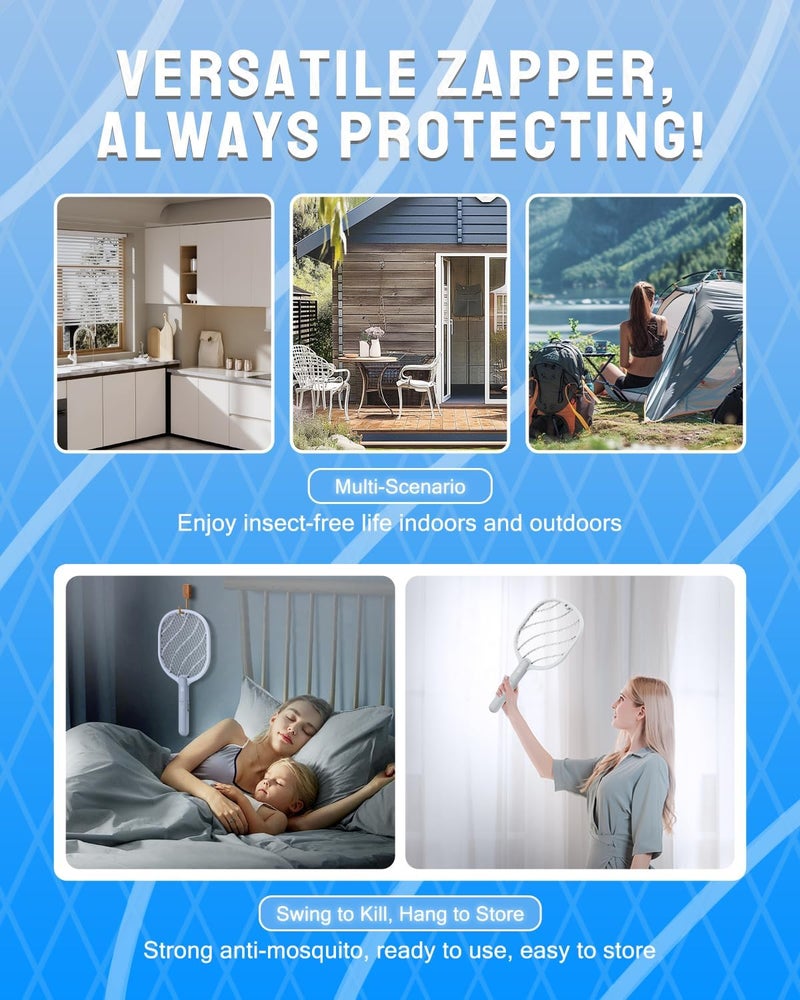 Mosiller Electric Fly Swatter, 3800V Handheld Bug Zapper Racket, Type-C Rechargeable, Mosquito Zapper for Indoor Outdoor, 3-Layer Safety Mesh, Easy to Use, Lightweight (Basic 2 Pack) - Image 4